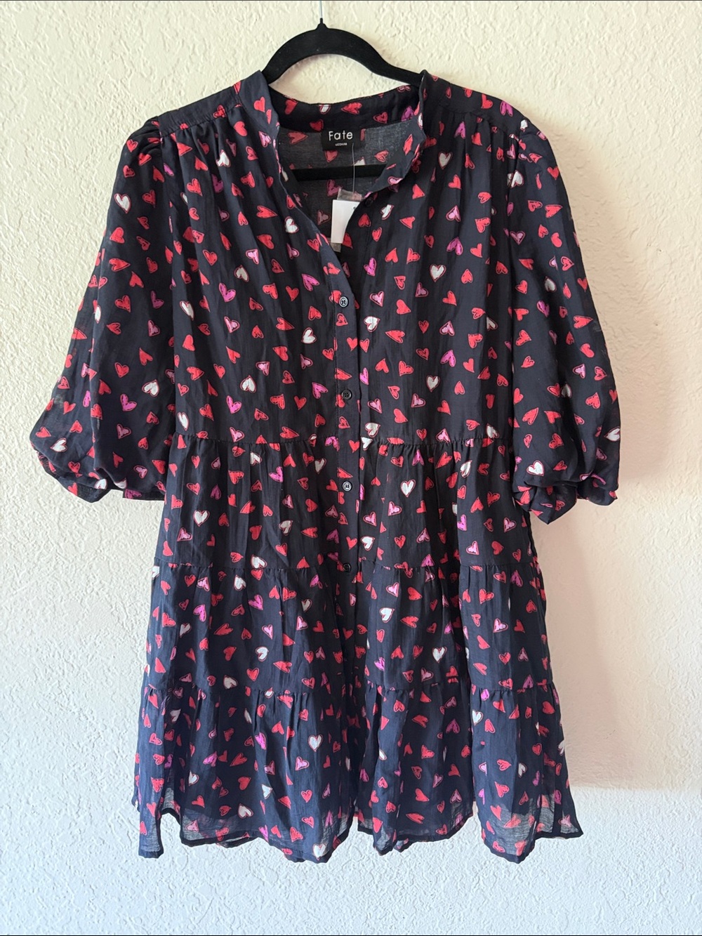 Fate Heart Print Tiered Mini Dress Size M NWT Black Red Pink Valentine’s Day